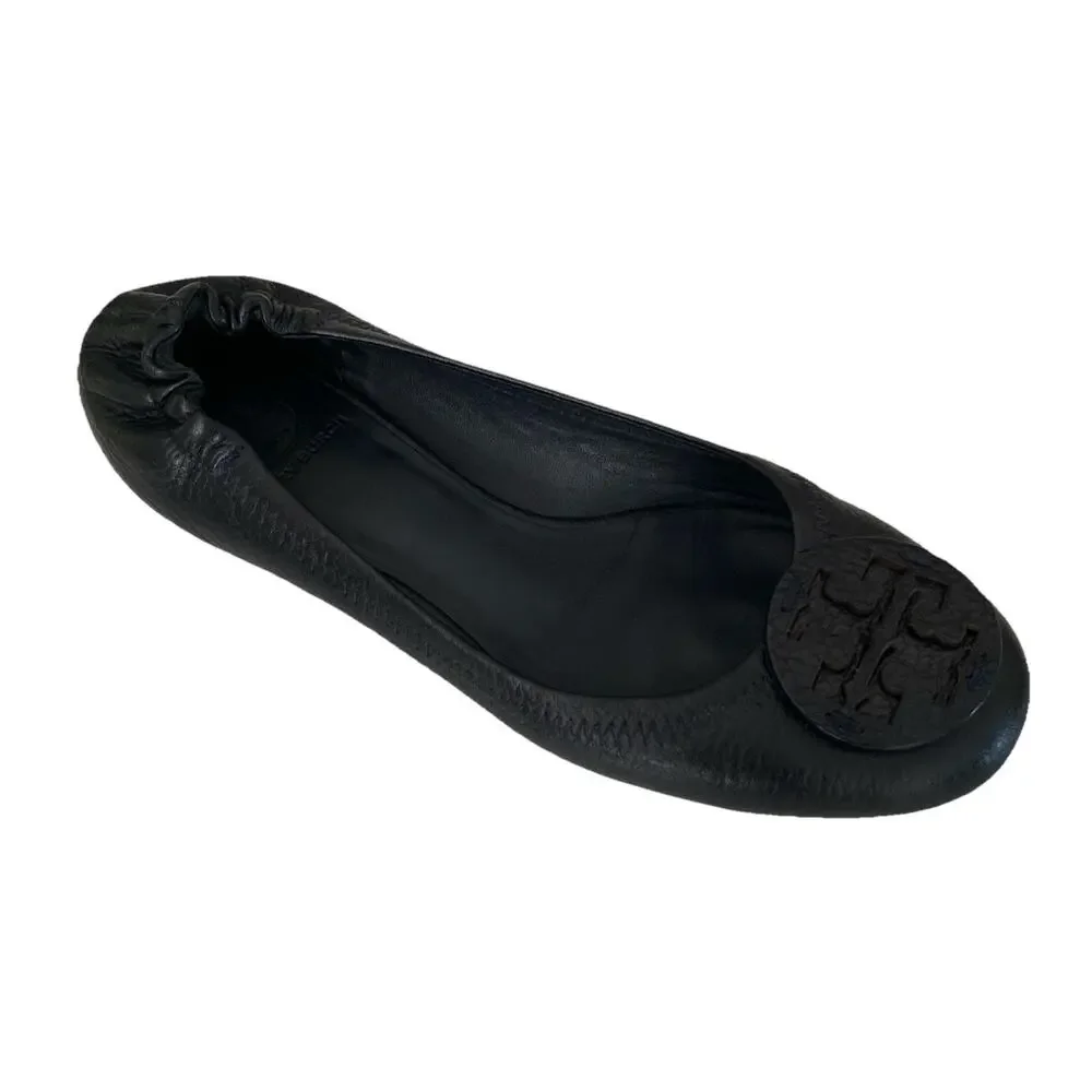 TORY BURCH Classic Minnie Ballet Flat Black Leather Logo Slip On Round Toe 7.5